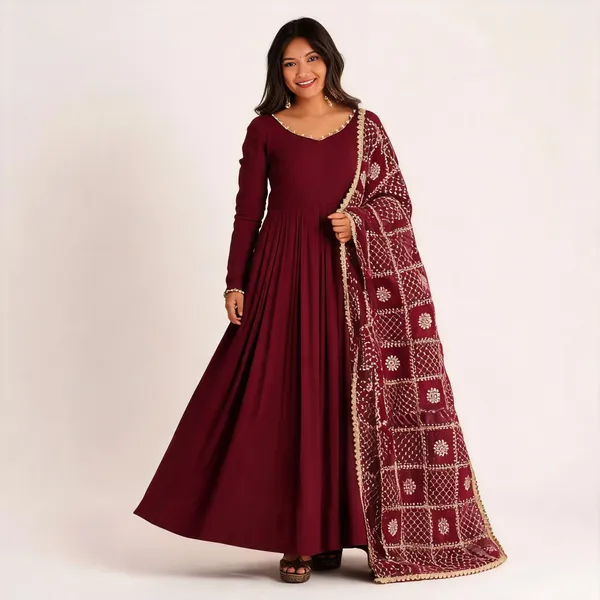 Maroon_Chanderi_Silk_Embroidered_Flared_Anarkali_Suit_Set_For_Women