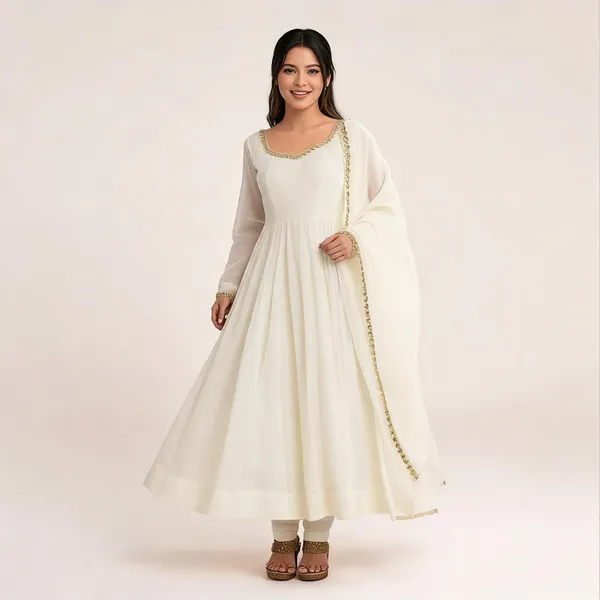White_Chanderi_Flared_Anarkali_Suit_Set_For_Women