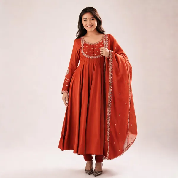 Orange_Embroidered_Flared_Anarkali_Kurta_Set_For_Women