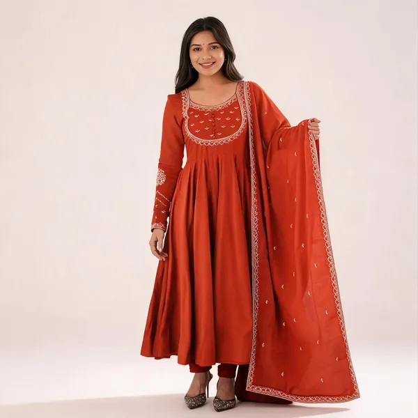 Orange_Embroidered_Flared_Anarkali_Kurta_Set_For_Women