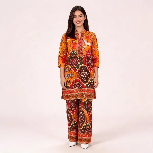 Yellow_Rayon_Ethnic_Printed_Regular_Fit_Kurta_Pant_Set_For_Women