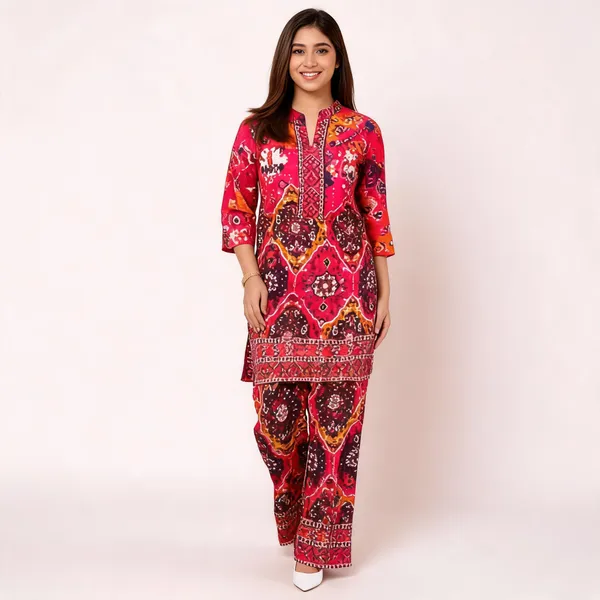 Pink_Rayon_Ethnic_Printed_Regular_Fit_Kurta_Pant_Set_For_Women