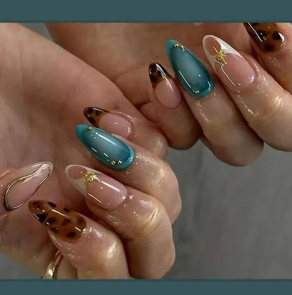 Teal_Tortoise_Shell_Press_On_Nails_Nude_Brown_Teal_With_Gold_Accents