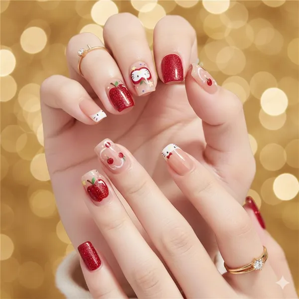 Cherry_Blossom_Press_On_Nails_Nude_With_Red_Cherry_Owl_Accents