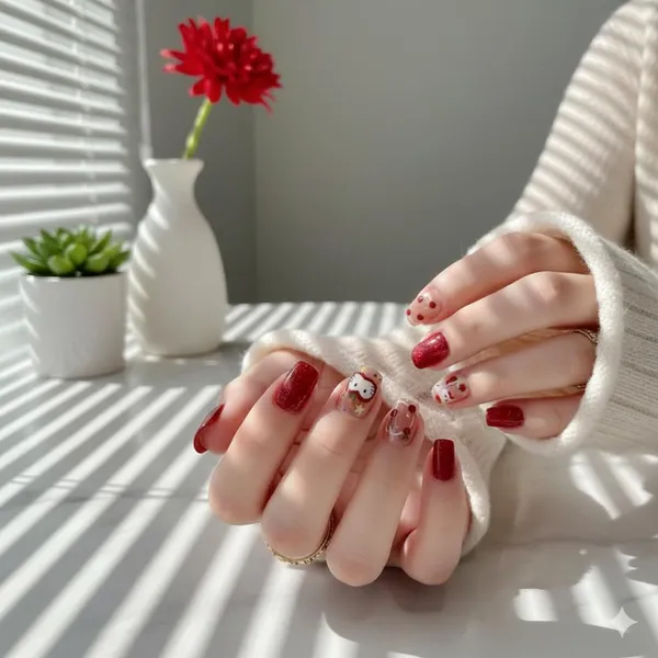 Cherry_Blossom_Press_On_Nails_Nude_With_Red_Cherry_Owl_Accents