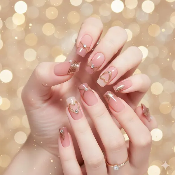 Rosy_Heart_Charm_Press_On_Nails_Pink_Gradient_With_Gold_Heart_Accents