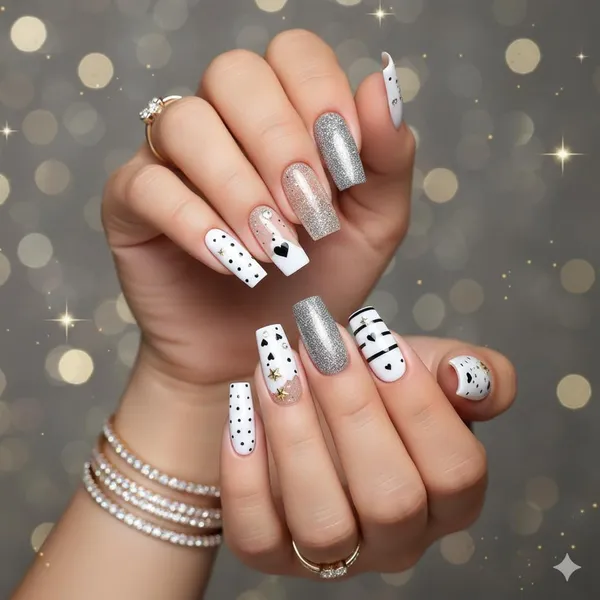 White_Glitter_Stripe_Press_On_Nails_Polka_Dot_Stripe_With_Gold_Star_Accents