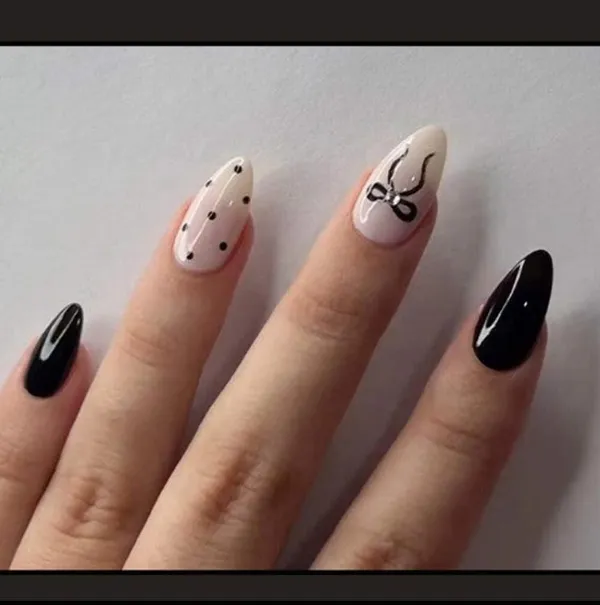 Nude_Polka_Dot_Bow_Press_On_Nails_Cream_With_Black_Dots_Bow_Accents