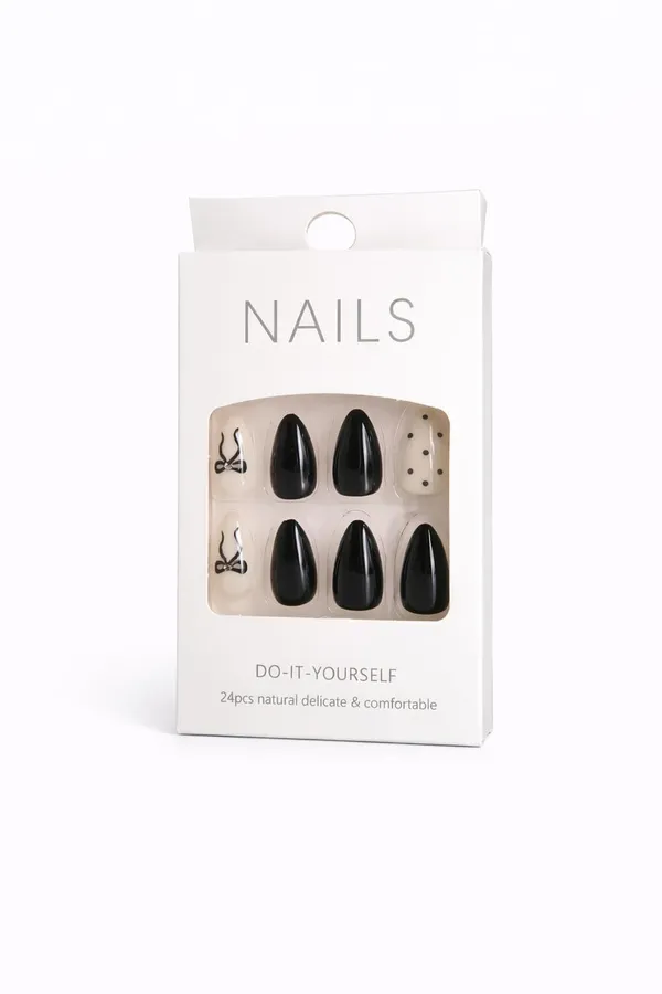 Nude_Polka_Dot_Bow_Press_On_Nails_Cream_With_Black_Dots_Bow_Accents