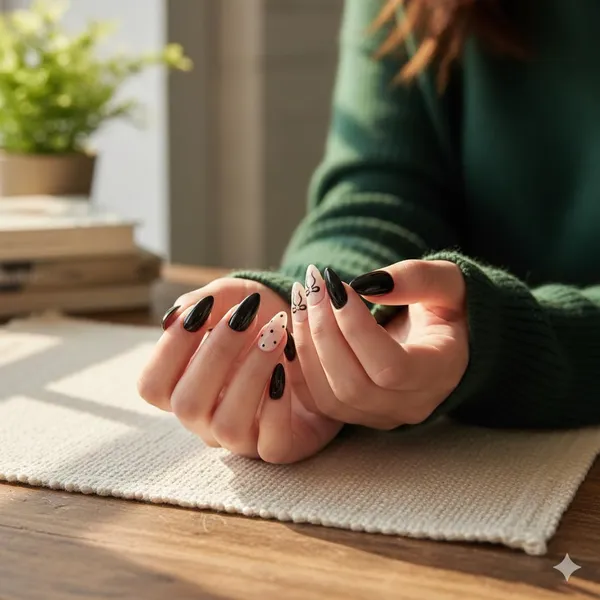 Nude_Polka_Dot_Bow_Press_On_Nails_Cream_With_Black_Dots_Bow_Accents