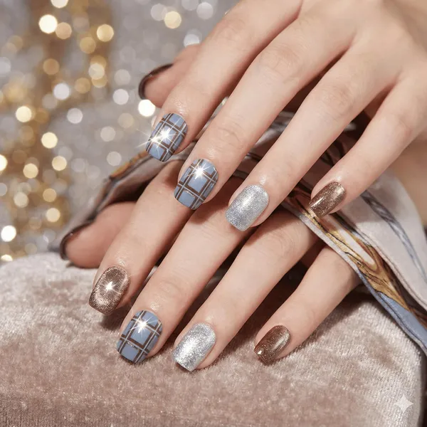 Plaid_Press_On_Nails_Brown_Silver_Glitter