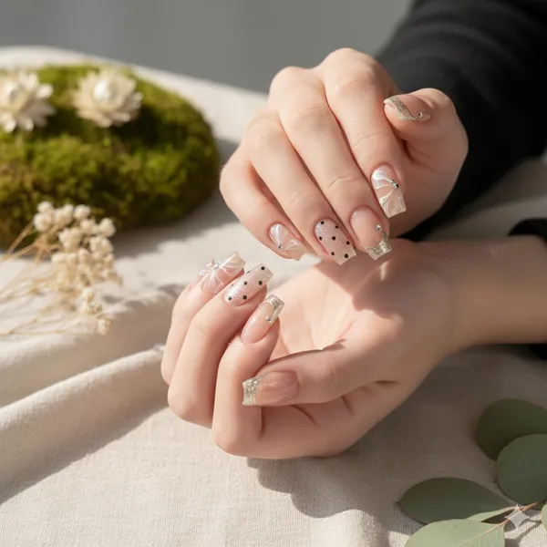 Nude_Polka_Dot_Press_On_Nails_Soft_Pink_With_Black_Dots_Silver_Accents