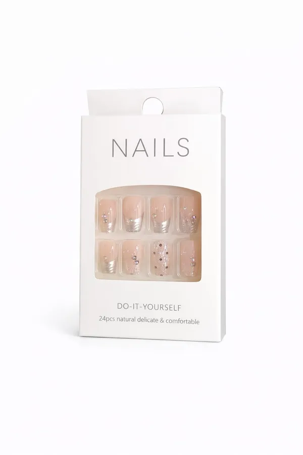 Nude_Polka_Dot_Press_On_Nails_Soft_Pink_With_Black_Dots_Silver_Accents