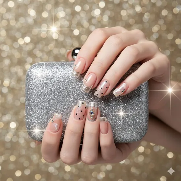 Nude_Polka_Dot_Press_On_Nails_Soft_Pink_With_Black_Dots_Silver_Accents