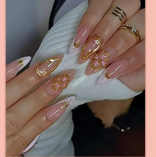 Pink_Ombre_French_Tip_Press_On_Nails_Nude_To_White_With_Gold_Flower_Star_Accents