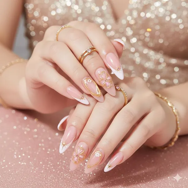 Pink_Ombre_French_Tip_Press_On_Nails_Nude_To_White_With_Gold_Flower_Star_Accents