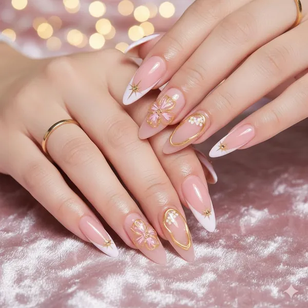 Pink_Ombre_French_Tip_Press_On_Nails_Nude_To_White_With_Gold_Flower_Star_Accents