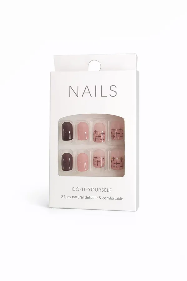 Chocolate_Rose_Plaid_Press_On_Nails_Brown_Pink_With_Gold_Accents