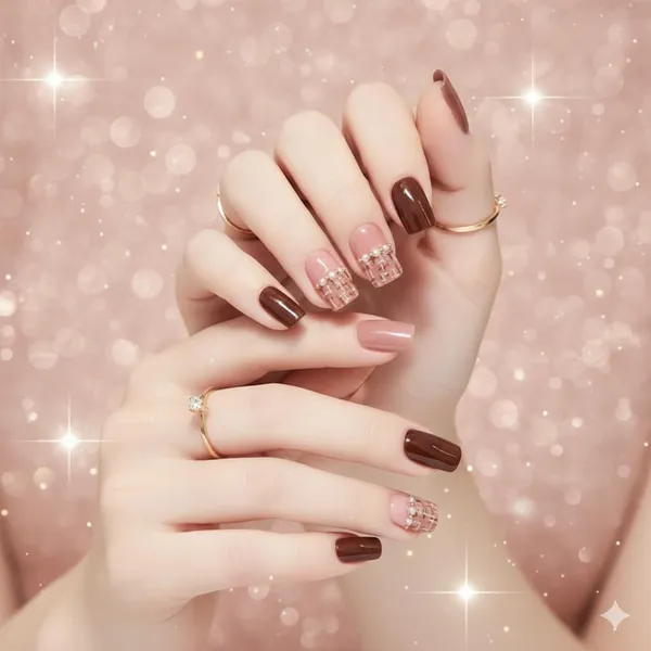 Chocolate_Rose_Plaid_Press_On_Nails_Brown_Pink_With_Gold_Accents