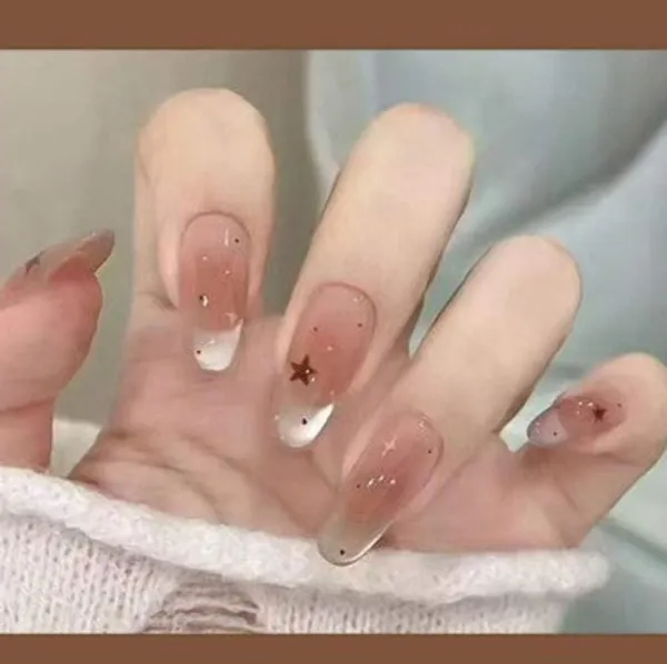 Nude_Ombre_Press_On_Nails_Gold_Glitter_Stars_24Pcs