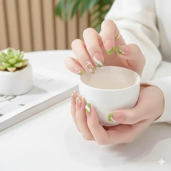 Olive_Green_French_Tip_Press_On_Nails_Nude_With_Green_Tips_Floral_Accents