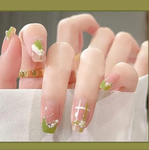 Olive_Green_French_Tip_Press_On_Nails_Nude_With_Green_Tips_Floral_Accents