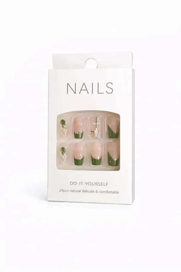 Olive_Green_French_Tip_Press_On_Nails_Nude_With_Green_Tips_Floral_Accents