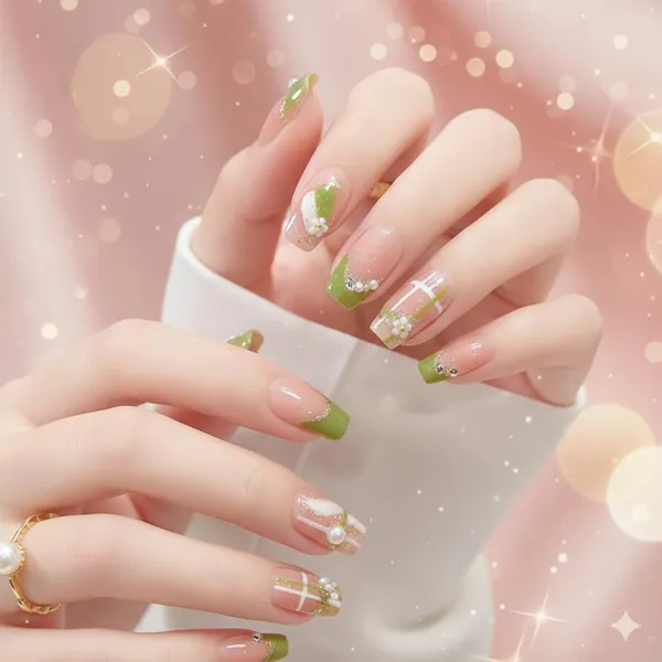 Olive_Green_French_Tip_Press_On_Nails_Nude_With_Green_Tips_Floral_Accents