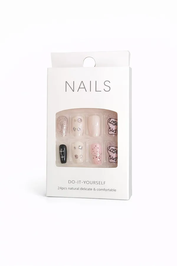 Pink_Glitter_Cat_Press_On_Nails_Nude_Black_With_Cat_Art_Sparkle_Accents