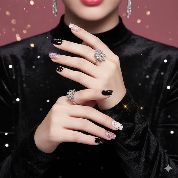 Pink_Glitter_Cat_Press_On_Nails_Nude_Black_With_Cat_Art_Sparkle_Accents