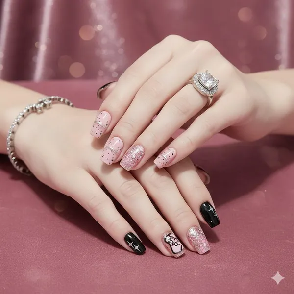 Pink_Glitter_Cat_Press_On_Nails_Nude_Black_With_Cat_Art_Sparkle_Accents