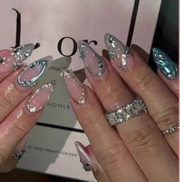 Pink_Teal_Stiletto_Press_On_Nails_Elegant_Designer_Artificial_Nails