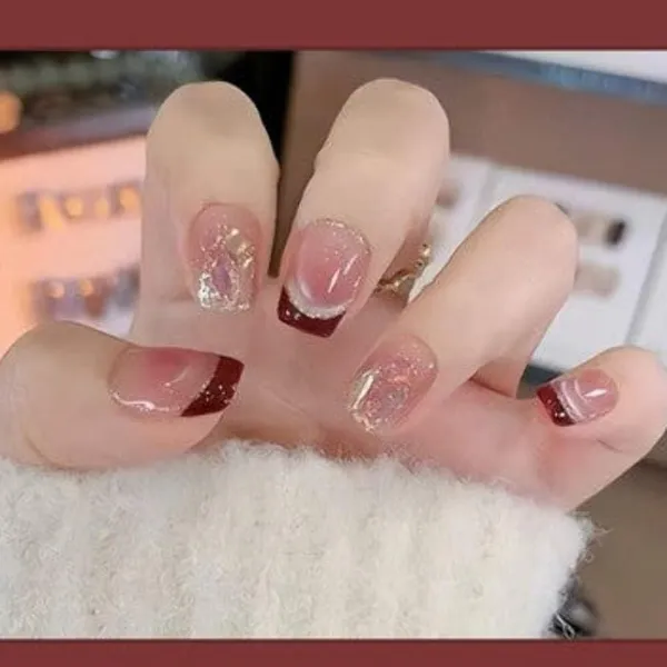 Burgundy_French_Tip_Press_On_Nails_Gold_Glitter_24Pcs