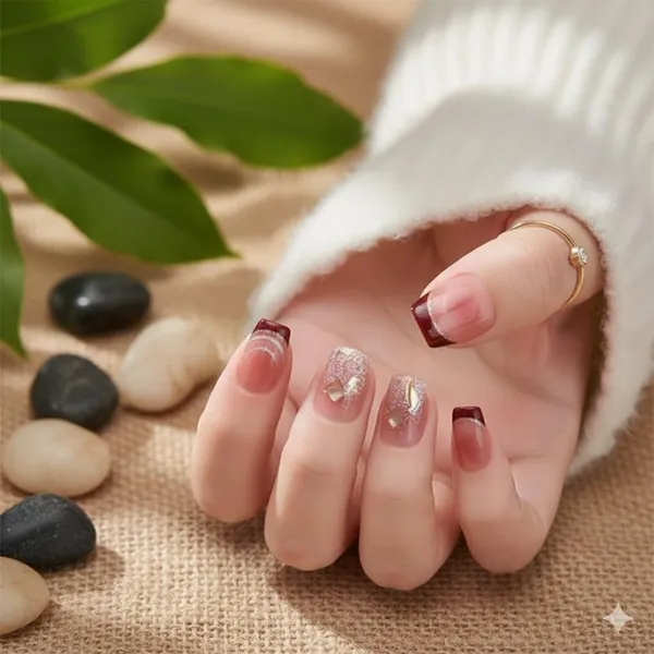 Burgundy_French_Tip_Press_On_Nails_Gold_Glitter_24Pcs