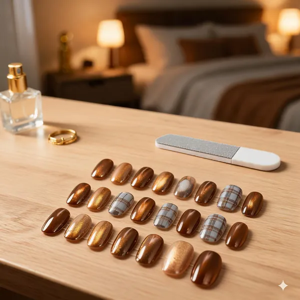 Brown_Chrome_Press_On_Nails_With_Plaid_Accents_24_Pcs