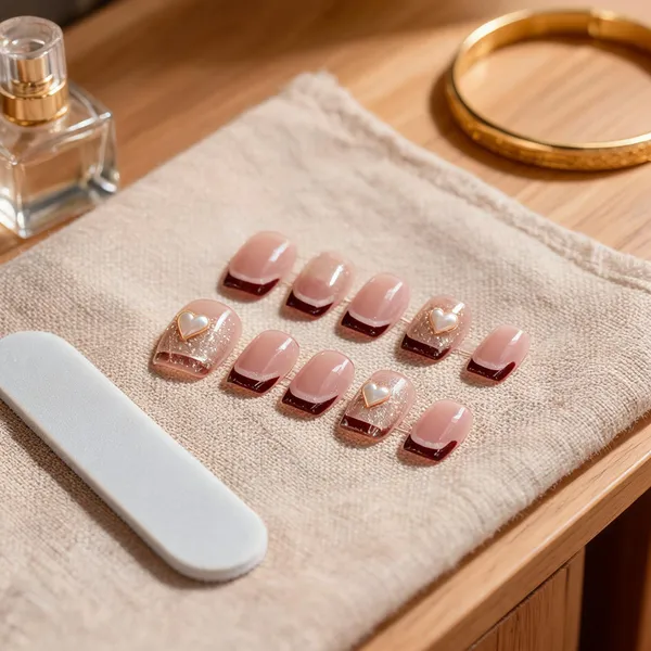 Burgundy_French_Tip_Press_On_Nails_Gold_Glitter_24Pcs
