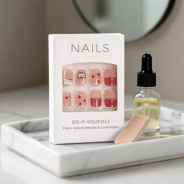 Cherry_Blossom_Press_On_Nails_Nude_With_Red_Cherry_Owl_Accents