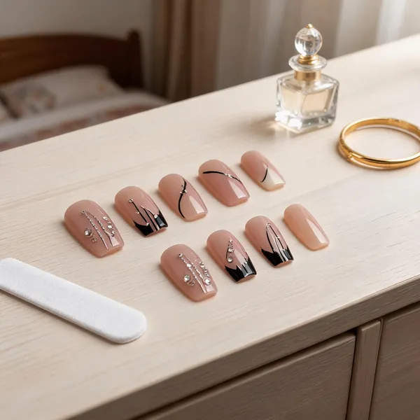 Nude_French_Tip_Press_On_Nails_White_Tips_With_Black_Gold_Line_Accents