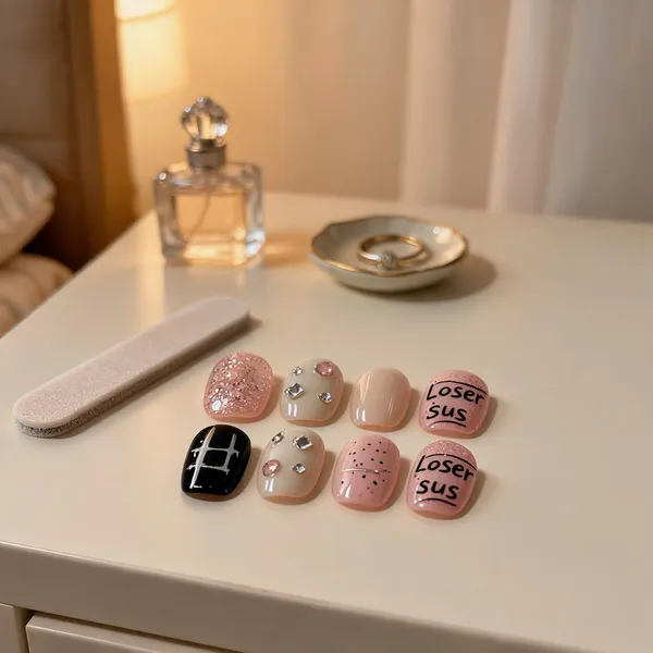 Pink_Glitter_Cat_Press_On_Nails_Nude_Black_With_Cat_Art_Sparkle_Accents
