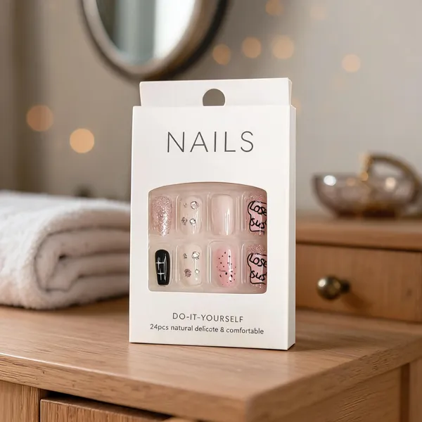 Pink_Glitter_Cat_Press_On_Nails_Nude_Black_With_Cat_Art_Sparkle_Accents