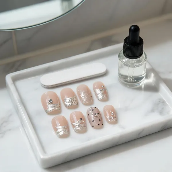 Nude_Polka_Dot_Press_On_Nails_Soft_Pink_With_Black_Dots_Silver_Accents