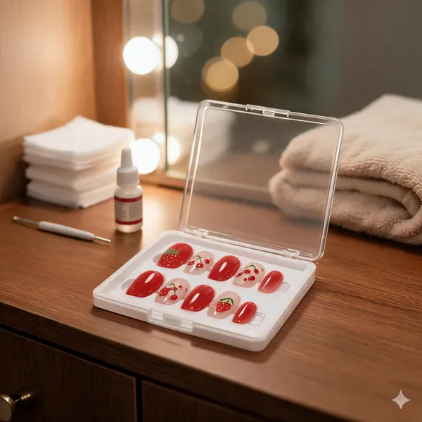 Berry_Delight_Press_On_Nails_Red_With_Strawberry_Cherry_Accents_Press_On_Nails_Artificial_Designer_3D_White_Bow_Pearl_With_Pink_Glitter_Color_Nails_Extension_24_Pieces_Combo_Set_With_Kit_Beautiful_Fake_False_Nails