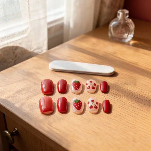 Berry_Delight_Press_On_Nails_Red_With_Strawberry_Cherry_Accents_Press_On_Nails_Artificial_Designer_3D_White_Bow_Pearl_With_Pink_Glitter_Color_Nails_Extension_24_Pieces_Combo_Set_With_Kit_Beautiful_Fake_False_Nails