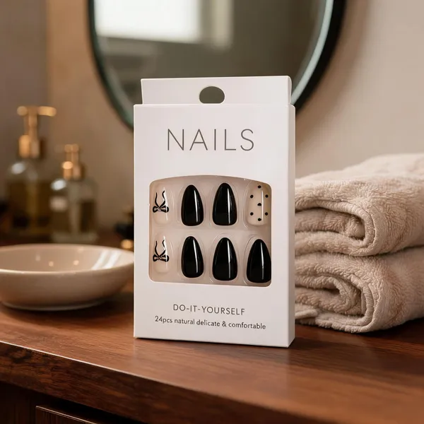 Nude_Polka_Dot_Bow_Press_On_Nails_Cream_With_Black_Dots_Bow_Accents
