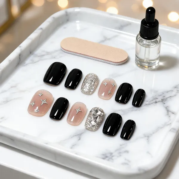 Silver_Glam_Star_Press_On_Nails_Black_Nude_With_Silver_Glitter_Star_Accents