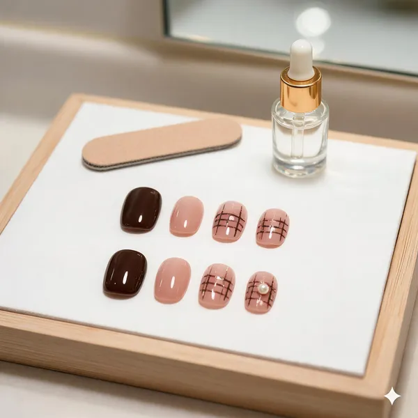 Chocolate_Rose_Plaid_Press_On_Nails_Brown_Pink_With_Gold_Accents