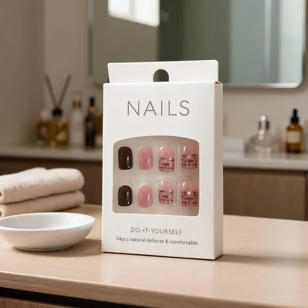 Chocolate_Rose_Plaid_Press_On_Nails_Brown_Pink_With_Gold_Accents