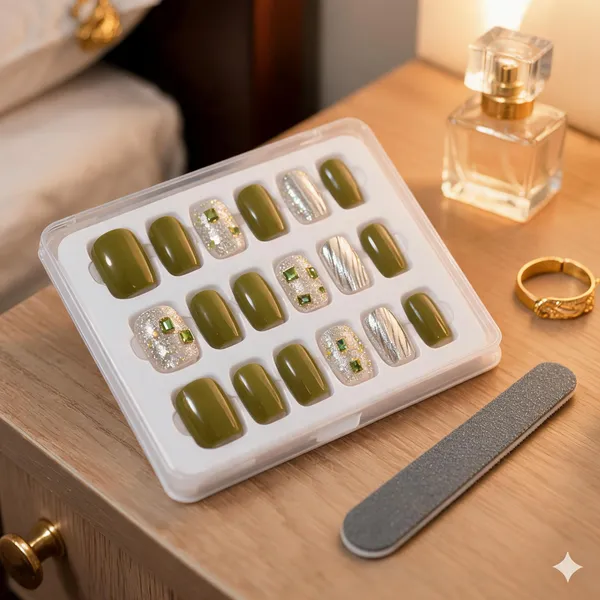 Olive_Green_Press_On_Nails_With_Gold_Glitter_Accents_24_Pcs