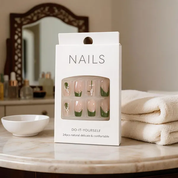 Olive_Green_French_Tip_Press_On_Nails_Nude_With_Green_Tips_Floral_Accents