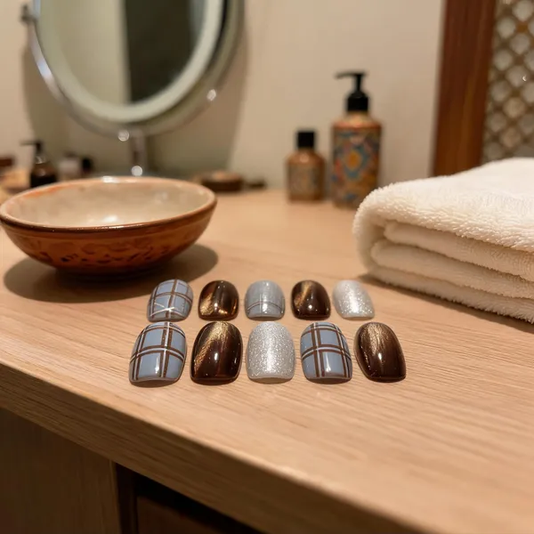 Plaid_Press_On_Nails_Brown_Silver_Glitter